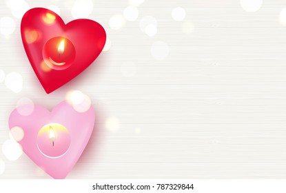 Pink candles and gold lights on white wooden background. Beautiful romantic background with place for text. Vetor illustration