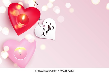 Pink candles and gold lights on pink background. Beautiful romantic background with place for text. Vetor illustration