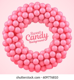 Pink candy balls round frame with place for your content.