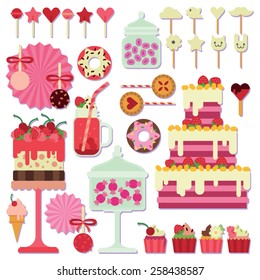 pink candy bar with different sweets on a white background