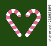 Pink Candy Cane Heart on Green Background. Festive illustration of two pink and white candy canes forming a heart shape on a dark green background, symbolizing love and joy during a holiday season