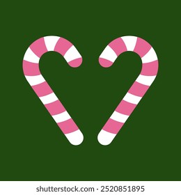 Pink Candy Cane Heart on Green Background. Festive illustration of two pink and white candy canes forming a heart shape on a dark green background, symbolizing love and joy during a holiday season