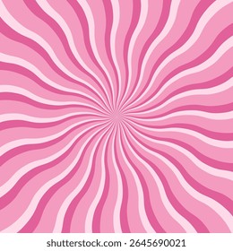 Pink candy color sunburst background with swirling radial stripes. Fun ice cream swirl design. Perfect for sweet themes, party invitations, or kawaii style projects. Vector illustration.