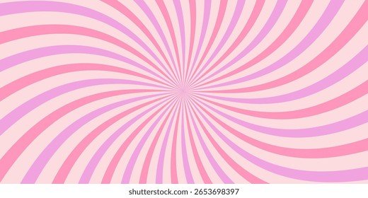 Pink candy color sunburst background with swirling radial stripes. Fun ice cream swirl design. Perfect for sweet themes, party invitations, or kawaii style projects. Vector illustration.