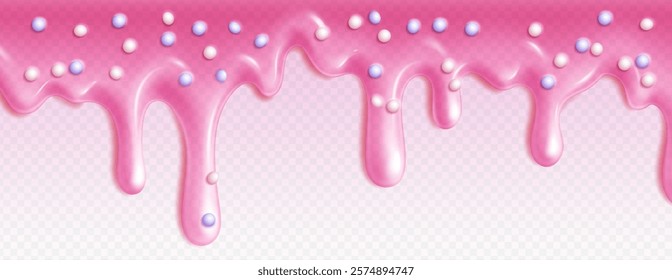 Pink candy drips with scattered pearls on transparent background - flowing sweet streams, sugary glaze pattern with glossy melted texture and shiny decorative spheres. Confectionery design element.