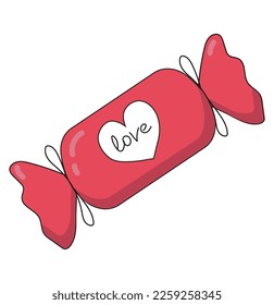 Pink candy with the inscription love. Vector dessert for Valentine's Day. Sweets icon sticker illustration.