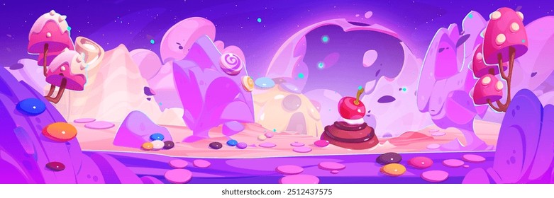 Fondo de tierra de caramelo rosa para el diseño de juego de nivel ui con galletas y caramelos, árboles de malvavisco y colinas de confitería. Vector de dibujos animados dulce postre infantil dreamland panorama con comida dulce linda.