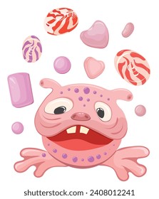 Pink Candy Monster loves different sweet candies and caramels and sweets.