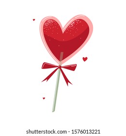 Pink candy on a stick in the form of heart with bow. Happy Valentines Day postcard. Lollipop vector illustration on isolated background.