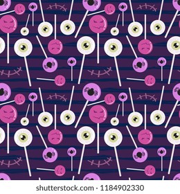 Pink candy seamless pattern with halloween monster face. Vector popular for holiday fashion textile wrapping and print.