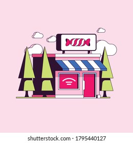 Tienda de dulces rosados entre la ilustración vectorial de árboles