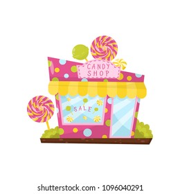 Pink candy shop decorated with big lollipops. Cartoon city building. Store with signboard, big glass door and window. Flat vector icon