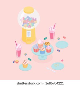 Pink candy store set. Isometric vector illustration in flat design.