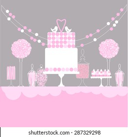 Pink candy table, dessert bar. Vector Illustration