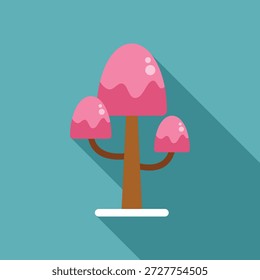 Árbol de caramelo rosado que crece de la nieve en invierno, diseño plano con sombra larga 