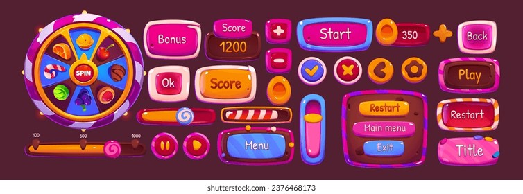 Pink candy ui game fortune wheel and button set. Cute casino interface icon design with arrow, level score, roulette and prize isolated on background. Slider bar and circle app glossy menu element