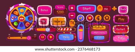 Pink candy ui game fortune wheel and button set. Cute casino interface icon design with arrow, level score, roulette and prize isolated on background. Slider bar and circle app glossy menu element