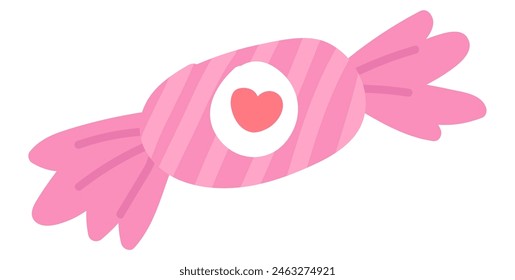 Pink candy in wrapper with heart in flat design. Sweet dessert romantic gift. Vector illustration isolated.