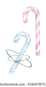 A pink cane candy and a blue cane candy