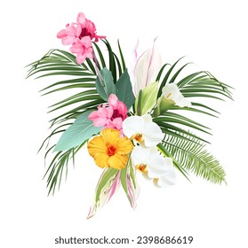 Pink canna flower, white orchid, calla lily, anthurium, yellow hibiscus, tropical leaves design vector bouquet. Exotic island jungle plants. Wedding arrangement. Elements are isolated and editable