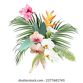 Pink canna flower, white and striped orchid, calla lily, yellow bird of paradise, tropical leaves design vector bouquet. Exotic jungle plants. Wedding arrangement. Elements are isolated and editable