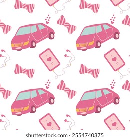 Pink car and accessories pattern with bows and music devices.