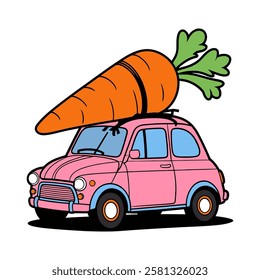 Pink Car Carrying A Big Carrot Illustration