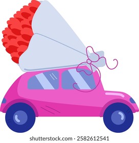 A pink car carrying a bouquet of flowers on white background. Minimalism. Valentines day card. Flower delivery. International Womens Day. Vector illustration. 