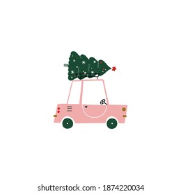 Pink car with a Christmas tree. Cartoon style, islolated on white background