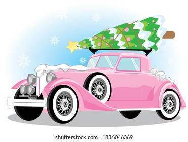 pink car with christmas tree. merry christmas poster.