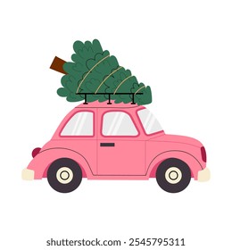 Pink car with Christmas tree. Winter illustration of a retro car. Vector illustration for Christmas, New Year, cards, prints, posters. 