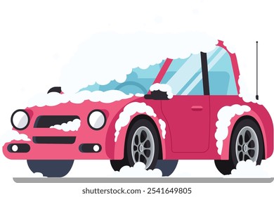 Pink car covered in snow on a winter road, illustrating transportation challenges and extreme weather