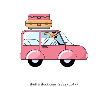 A pink car with a dog and suitcases on the roof goes on vacation or on a trip.