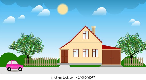 pink car near the country house with a garage, a fence and a garden under the sky with the sun and clouds. bright colorful multicolor landscape. vector