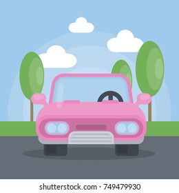 Pink car outside with trees and clouds.
