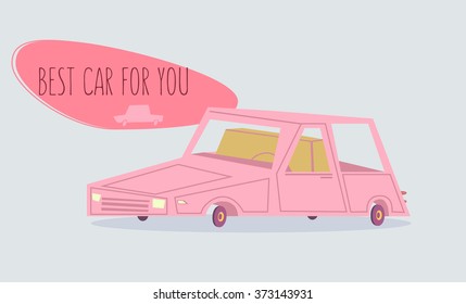 Pink Car. Poster. Vector retro styled illustration.