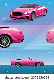 pink car in profile, side view, convertible, front, vector