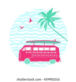 Pink car with surfing board and palm tree. Vector summer illustration.