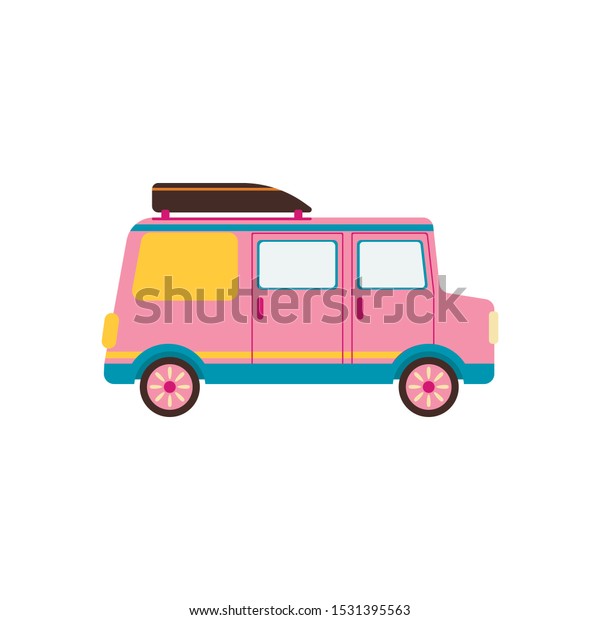 Pink car for travel. Campervan.\
Van life movement. Vector illustration in freehand drawn\
style.