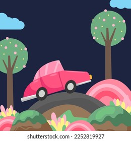 pink car travel on the hill scene panorama at night fun children whimsical illustration