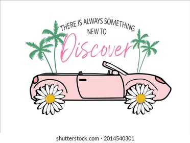 pink car vector art design hand drawn tropical palm tree vector roat trip adventure positive quote hand drawn