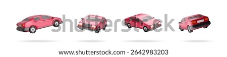 Pink car vehicle set in 3d vector illustration. Automobile transport collection for travel, transportation, and cargo concept.
