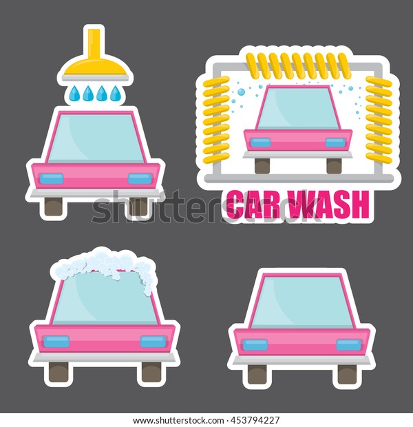 Pink Car wash icons\
set. vector pink car wash sticker collection. vector cartoon car\
washing logo template
