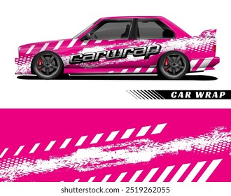 Pink car with white racing stripes and tire tread suitable for automotive advertisements, race events, car enthusiasts, and sports products.