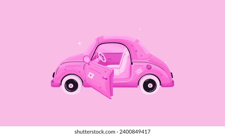 Coche rosa al estilo Y2K. Ilustración de un coche rosa retro en una estética rosa de moda. Ilustración vectorial al estilo de las caricaturas planas.