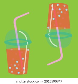 Pink Carbonated Drink In A Plastic Disposable Glass With A Straw. Vector Stock Illustration. Pattern