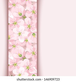 Pink card with apple flowers. Vector illustration.