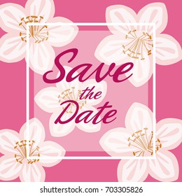pink card background with decorative flowers and square frame save the date text