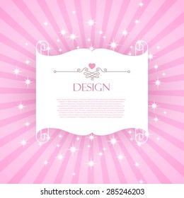 Pink card with beautiful scroll frame & burst. Vector illustration