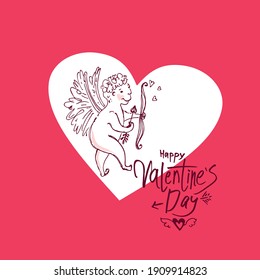 Pink card with big heart. Cupid with bow and arrow. Vector illustration postcard Happy Valentine's Day.